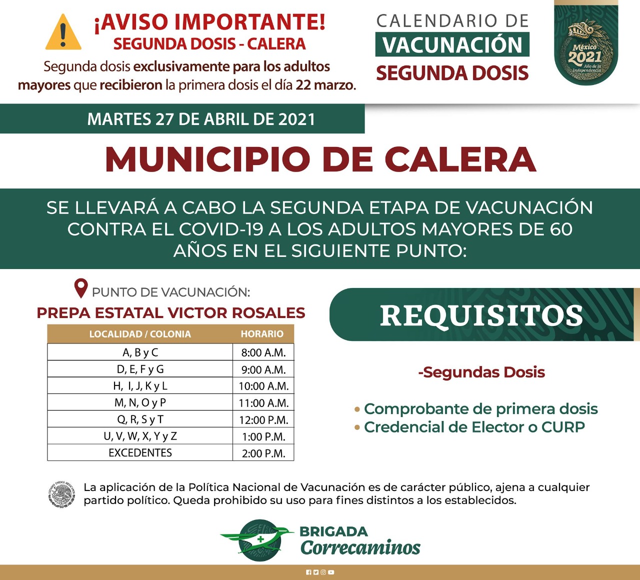 Este martes, aplicarán segunda dosis de vacunas en Vetagrande y Calera