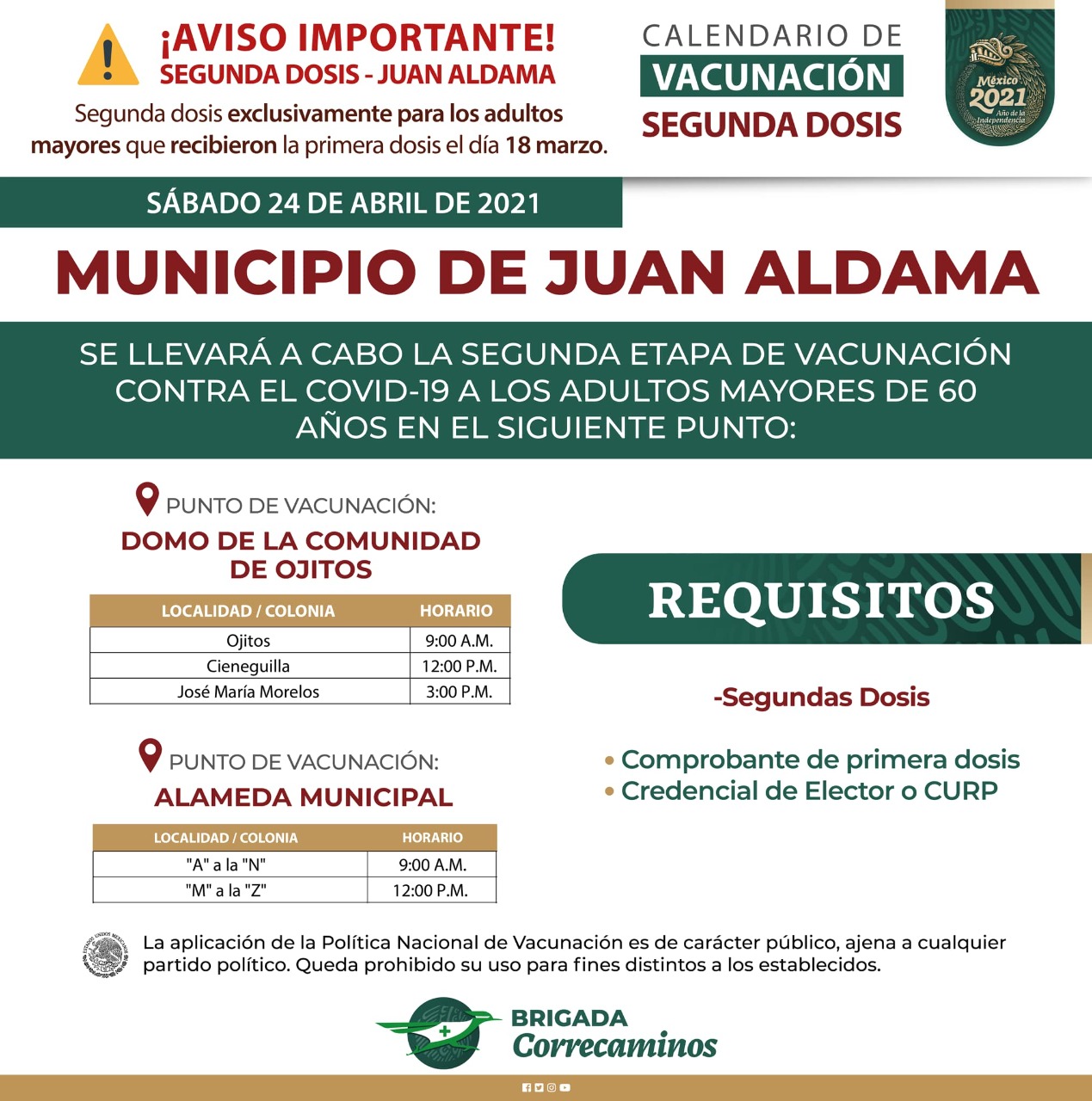Continúa aplicación de segunda dosis anti covid en Juan Aldama y Cañitas